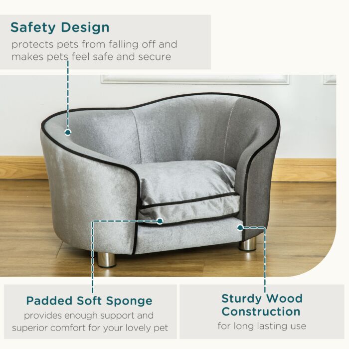 Pawhut Pet Sofa Couch, Dog Bed, Cat Lounger, With Storage Pocket Removable Cushion Modern Furniture For Small Dogs, 69 X 49 X 38cm, Silver Grey