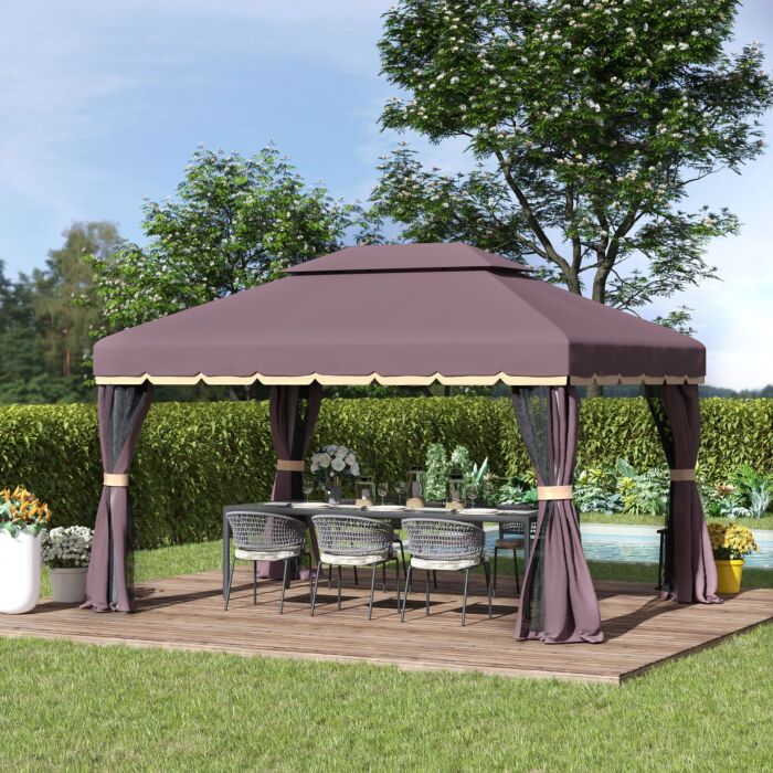 Outsunny 3 X 4m Aluminium Alloy Gazebo Marquee Canopy Pavilion Patio Garden Party Tent Shelter With Nets And Sidewalls - Coffee