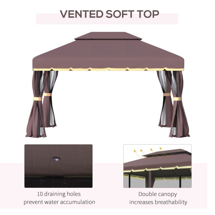 Outsunny 3 X 4m Aluminium Alloy Gazebo Marquee Canopy Pavilion Patio Garden Party Tent Shelter With Nets And Sidewalls - Coffee