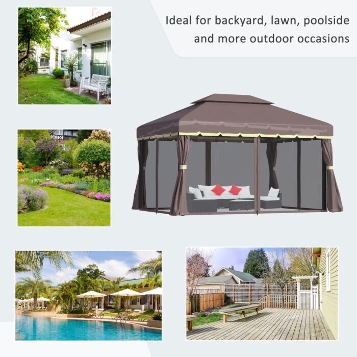 Outsunny 3 X 4m Aluminium Alloy Gazebo Marquee Canopy Pavilion Patio Garden Party Tent Shelter With Nets And Sidewalls - Coffee