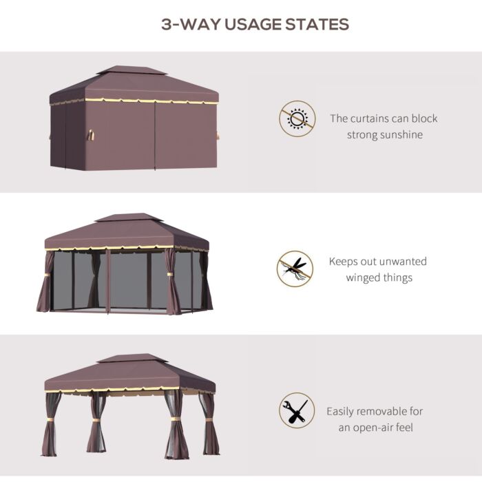 Outsunny 3 X 4m Aluminium Alloy Gazebo Marquee Canopy Pavilion Patio Garden Party Tent Shelter With Nets And Sidewalls - Coffee