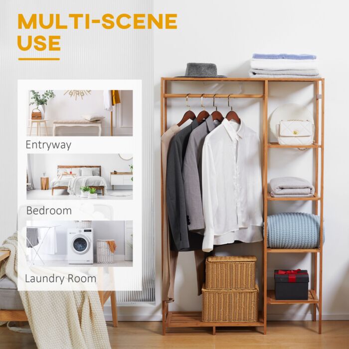 Homcom Bamboo Clothes Rack For Bedroom Garment Rack With 6-tier Storage Shelf Hanging Rod Clothes Rail For Living Room Entryway