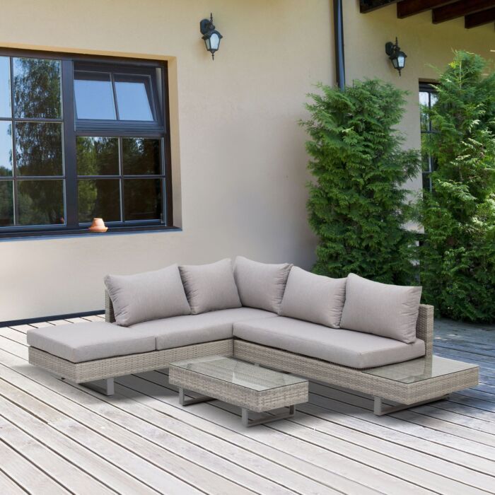 Outsunny 5-seater Rattan Garden Furniture Wicker Conservatory Corner Sofa Set Chaise Lounge With Coffee Table, Side Table & Cushions – Grey