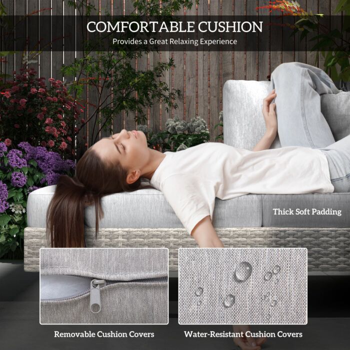 Outsunny 5-seater Rattan Garden Furniture Wicker Conservatory Corner Sofa Set Chaise Lounge With Coffee Table, Side Table & Cushions – Grey