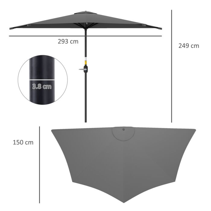 Outsunny 3(m) Half Parasol, Semi Round Umbrella With Metal Frame, Crank Handle For Balcony, Garden, Dark Grey