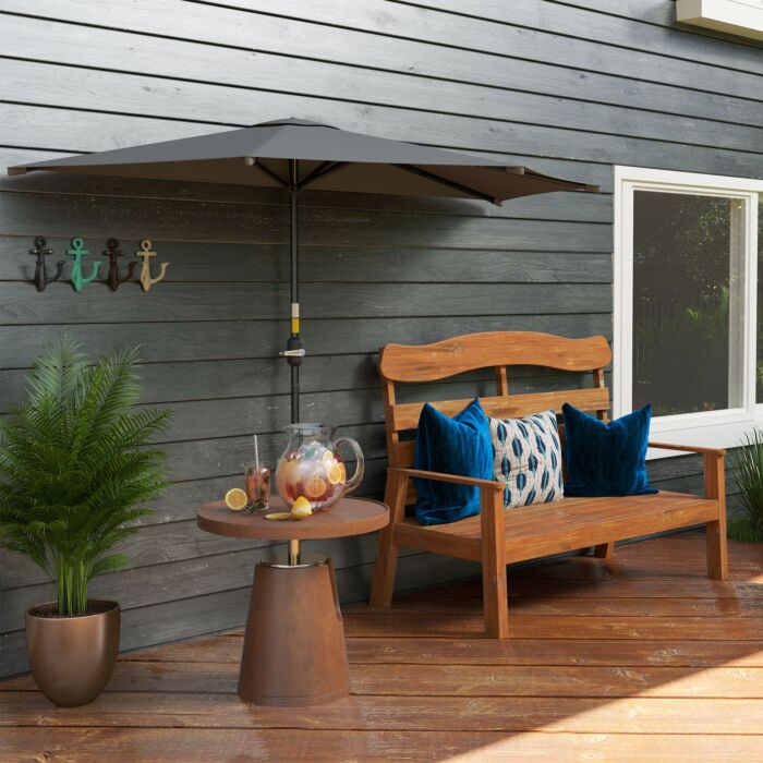 Outsunny 3(m) Half Parasol, Semi Round Umbrella With Metal Frame, Crank Handle For Balcony, Garden, Dark Grey