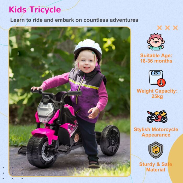 Aiyaplay Motorcycle Design 3 In 1 Toddler Trike, Sliding Car, Balance Bike With Headlight, Music, Horn, Pink