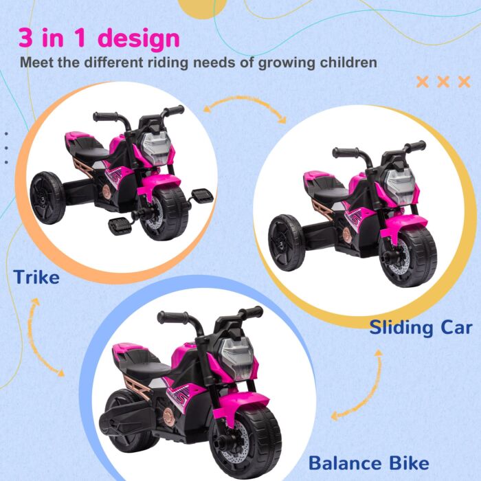 Aiyaplay Motorcycle Design 3 In 1 Toddler Trike, Sliding Car, Balance Bike With Headlight, Music, Horn, Pink