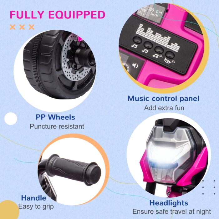 Aiyaplay Motorcycle Design 3 In 1 Toddler Trike, Sliding Car, Balance Bike With Headlight, Music, Horn, Pink