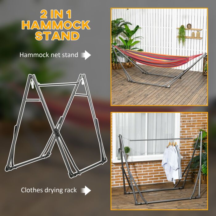 Outsunny Foldable Hammock Stand, Portable Hammock With Metal Frame, 2 In 1 Hammock Net Stand, Clothes Drying Rack, Load Capacity 120kg Black