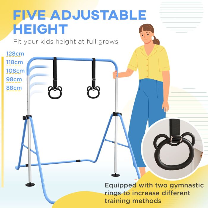 Homcom Adjustable Height, Foldable Kids Gymnastics Bar W/ Non-slip Mats, For 3+ Years, Blue