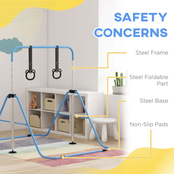 Homcom Adjustable Height, Foldable Kids Gymnastics Bar W/ Non-slip Mats, For 3+ Years, Blue