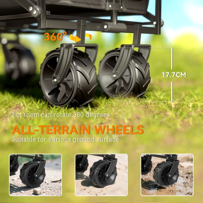 Outsunny Folding Trolley Cart Storage Wagon Beach Trailer 4 Wheels With Handle Overhead Canopy Cart Push Pull For Camping, Black