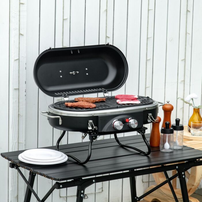 Outsunny Foldable Gas Bbq Grill 2 Burner Table Top Barbecue W/ Lid Piezo Ignition Thermometer For Camping Picnic Cooking, Aluminium Alloy
