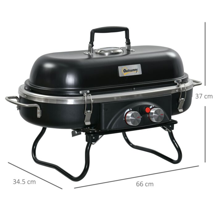 Outsunny Foldable Gas Bbq Grill 2 Burner Table Top Barbecue W/ Lid Piezo Ignition Thermometer For Camping Picnic Cooking, Aluminium Alloy