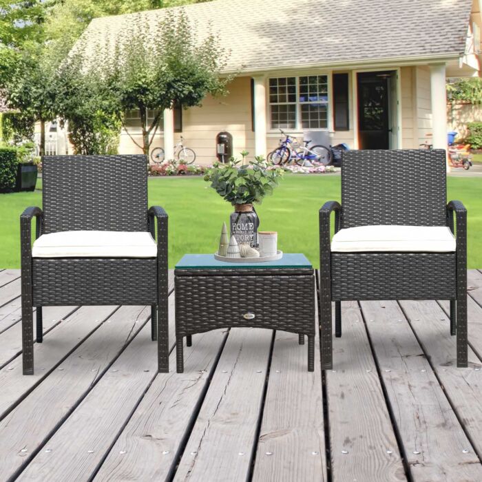 Outsunny Rattan Garden Furniture 2-seater Sofa Chair Table Bistro Set Wicker Weave Outdoor Patio Conservatory Set Steel-brown