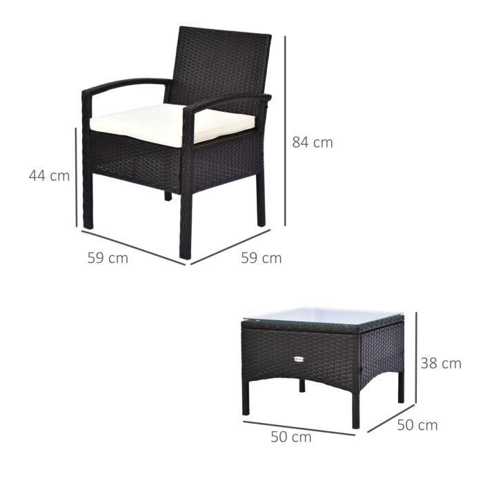 Outsunny Rattan Garden Furniture 2-seater Sofa Chair Table Bistro Set Wicker Weave Outdoor Patio Conservatory Set Steel-brown