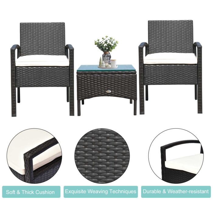 Outsunny Rattan Garden Furniture 2-seater Sofa Chair Table Bistro Set Wicker Weave Outdoor Patio Conservatory Set Steel-brown