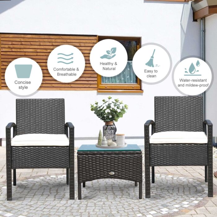 Outsunny Rattan Garden Furniture 2-seater Sofa Chair Table Bistro Set Wicker Weave Outdoor Patio Conservatory Set Steel-brown