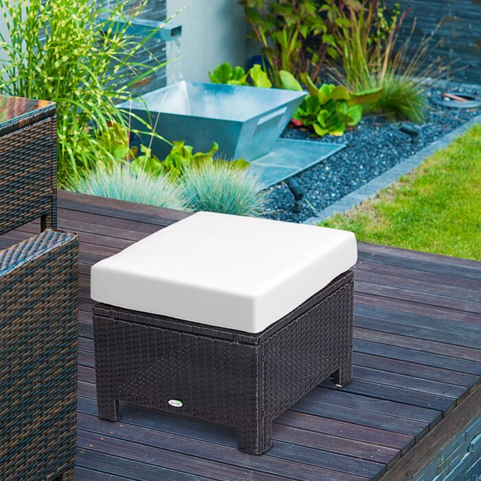 Outsunny Rattan Footstool Wicker Ottoman With Padded Seat Cushion Outdoor Patio Furniture For Backyard Garden Poolside Living Room 50 X 50 X 35 Cm