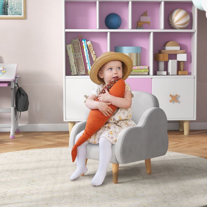 Zonekiz Cloud Shape Toddler Armchair, Ergonomically Designed Kids Chair, Comfy Children Playroom Mini Sofa For Relaxing, For Ages 1.5-5 Years - Grey