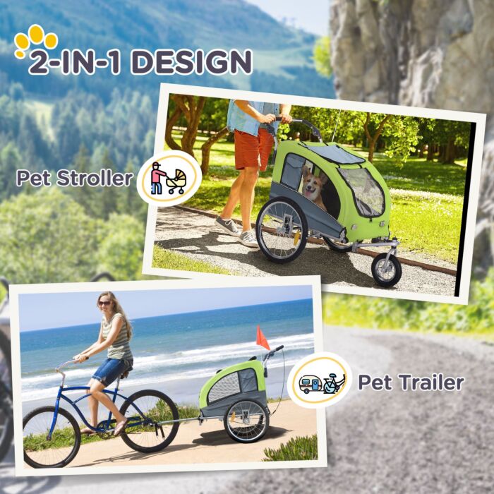 Pawhut Dog Bike Trailer Steel Pet Cart Carrier For Bicycle 360° Rotatable With Reflectors 3 Wheels Push/ Pull/ Brake Water Resistant Green