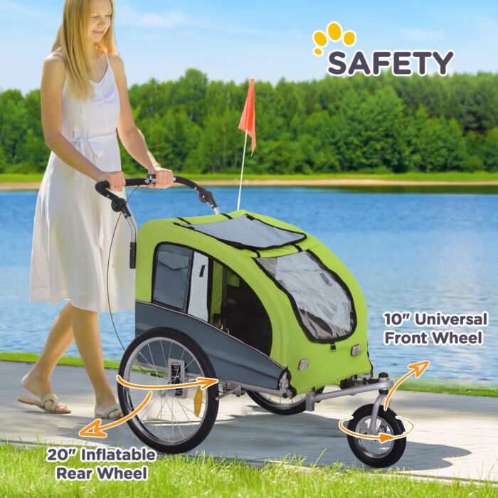 Pawhut Dog Bike Trailer Steel Pet Cart Carrier For Bicycle 360° Rotatable With Reflectors 3 Wheels Push/ Pull/ Brake Water Resistant Green
