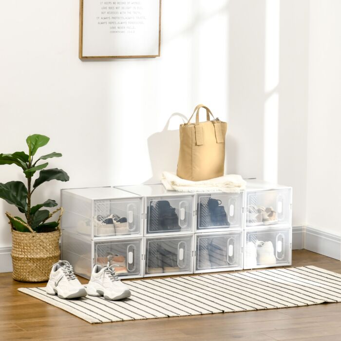 Homcom 8pcs Clear Shoe Box, Plastic Stackable Shoe Storage Box For Uk/eu Size Up To 8.5/43 With Magnetic Door For Women/men, 25 X 35 X 19cm