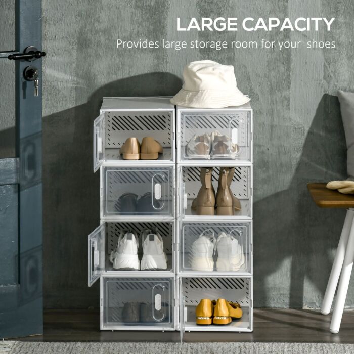 Homcom 8pcs Clear Shoe Box, Plastic Stackable Shoe Storage Box For Uk/eu Size Up To 8.5/43 With Magnetic Door For Women/men, 25 X 35 X 19cm