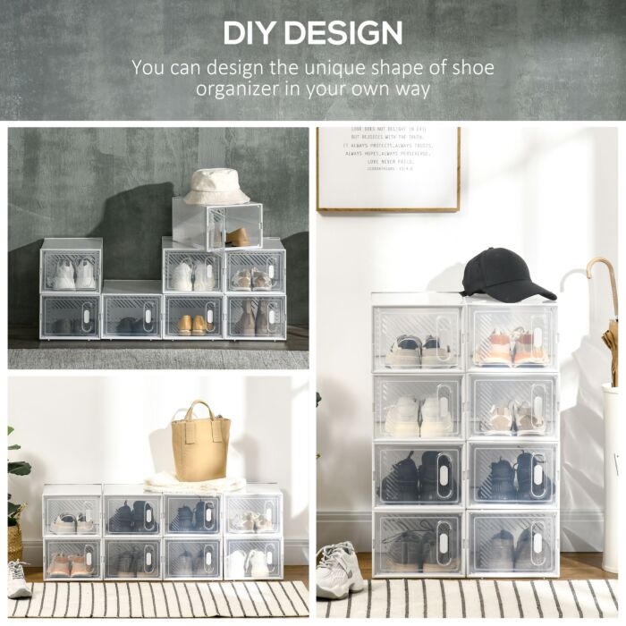 Homcom 8pcs Clear Shoe Box, Plastic Stackable Shoe Storage Box For Uk/eu Size Up To 8.5/43 With Magnetic Door For Women/men, 25 X 35 X 19cm