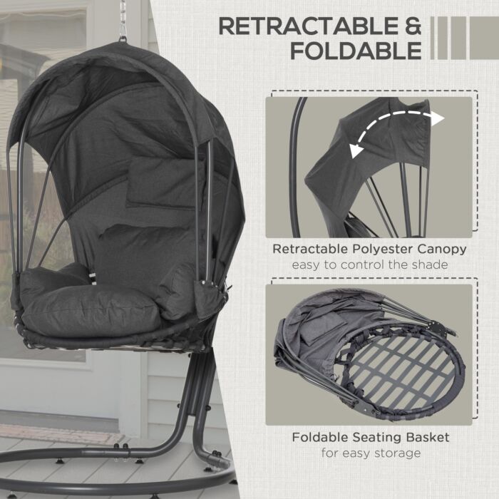 Outsunny Hanging Egg Chair Swing Hammock Chair With Stand, Cushion And Retractable Canopy, For Indoor And Outdoor, Grey