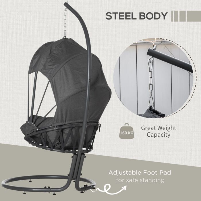 Outsunny Hanging Egg Chair Swing Hammock Chair With Stand, Cushion And Retractable Canopy, For Indoor And Outdoor, Grey