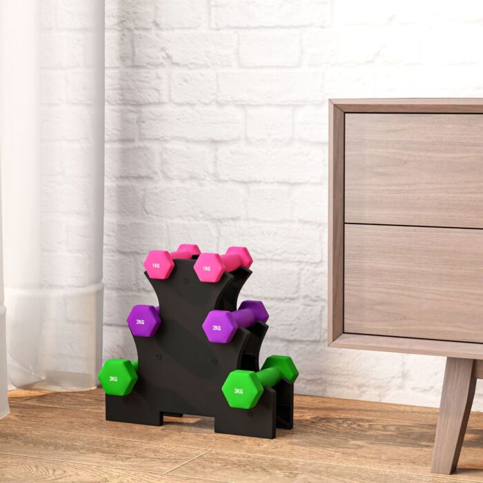 Sportnow 2 X 1kg, 2 X 2kg, 2 X 3kg Dumbbells Set With Dumbbell Rack, Hand Weights For Home Gym Training