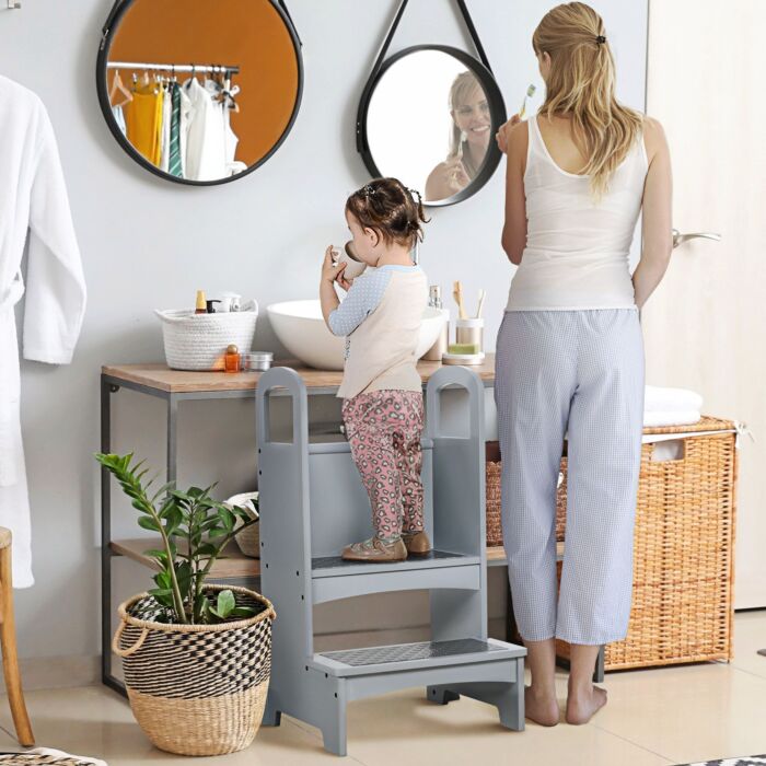 Homcom Kitchen Helper Step Stool With 2 Steps & Handles Suitable For Children Learning Platform For Kids And Toddlers, Footstool, Grey