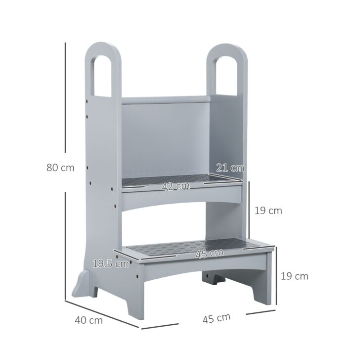 Homcom Kitchen Helper Step Stool With 2 Steps & Handles Suitable For Children Learning Platform For Kids And Toddlers, Footstool, Grey