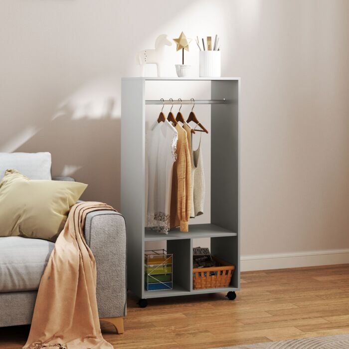 Homcom Open Wardrobe For Bedroom, Small Wardrobe On Wheels With Clothes Rail, Storage Shelves, Mobile Garment Rack For Clothes Storage, Cloakroom, Hallway, Grey