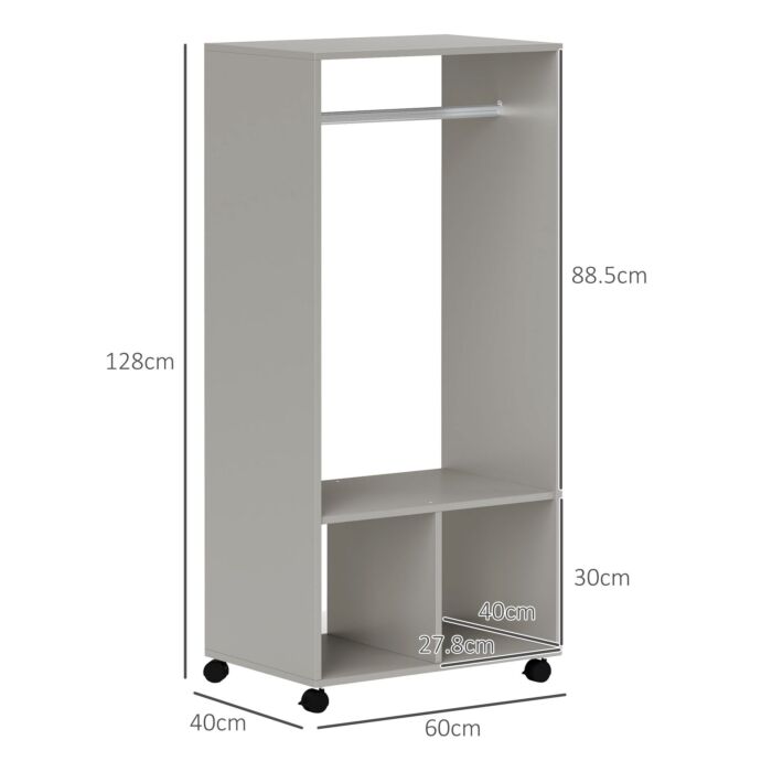 Homcom Open Wardrobe For Bedroom, Small Wardrobe On Wheels With Clothes Rail, Storage Shelves, Mobile Garment Rack For Clothes Storage, Cloakroom, Hallway, Grey