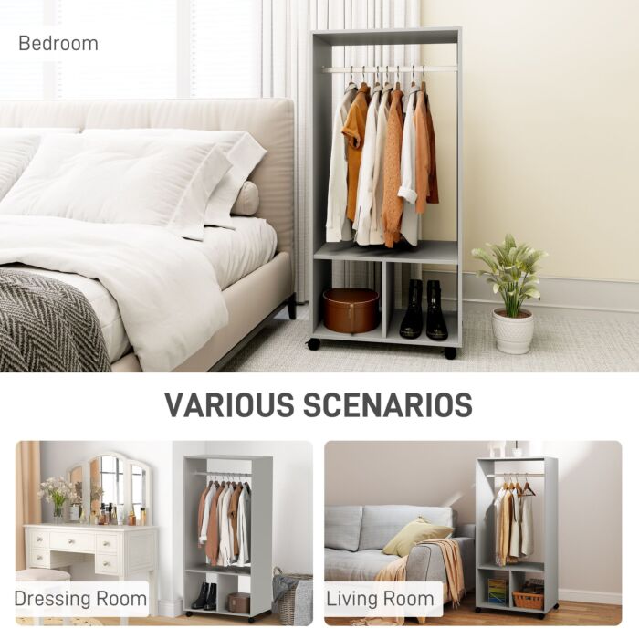 Homcom Open Wardrobe For Bedroom, Small Wardrobe On Wheels With Clothes Rail, Storage Shelves, Mobile Garment Rack For Clothes Storage, Cloakroom, Hallway, Grey
