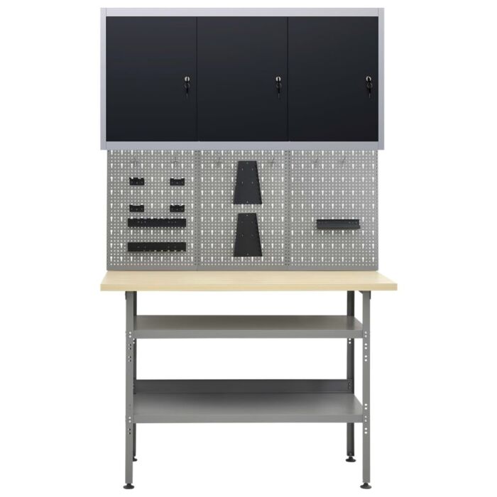 Vidaxl Workbench With Three Wall Panels And One Cabinet
