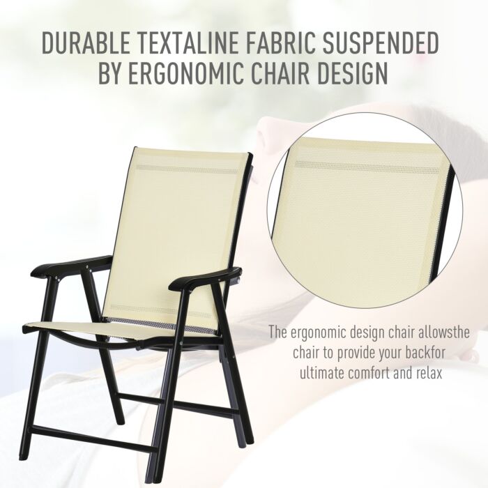 Outsunny Set Of 2 Foldable Metal Garden Chairs Outdoor Patio Park Dining Seat Yard Furniture Beige