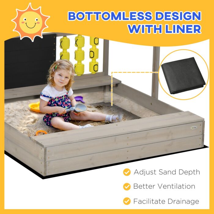 Outsunny Kids Wooden Sandpit, Sandbox With Canopy & Seats, For Gardens - Grey