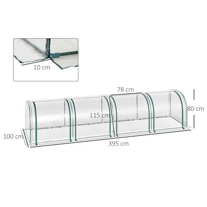 Outsunny Pvc Tunnel Greenhouse Green Grow House Steel Frame For Garden Backyard With Zipper Doors 395x100x80 Cm Clear