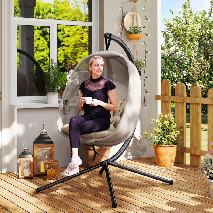 Outsunny Hanging Egg Chair, Folding Swing Hammock With Cushion And Stand For, Patio Garden Furniture, Khaki