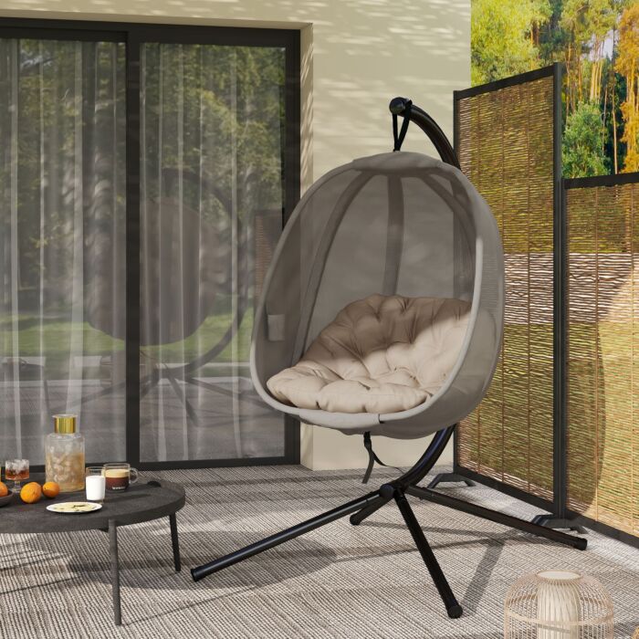 Outsunny Hanging Egg Chair, Folding Swing Hammock With Cushion And Stand For, Patio Garden Furniture, Khaki