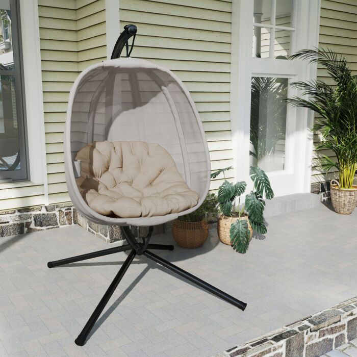 Outsunny Hanging Egg Chair, Folding Swing Hammock With Cushion And Stand For, Patio Garden Furniture, Khaki