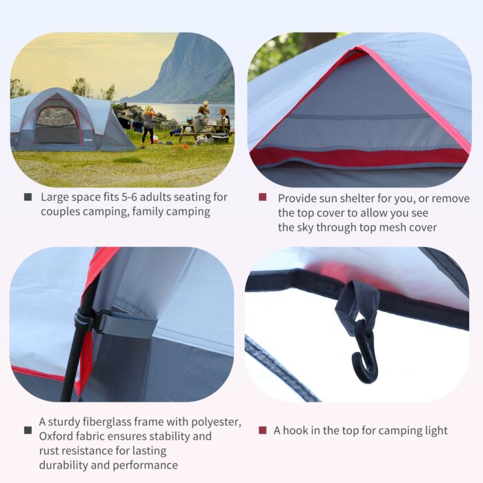 Outsunny 5-6 Man Dome Camping Tent Hiking Shelter Uv Protection Water Resistant Tunnel Sun Shade - Grey