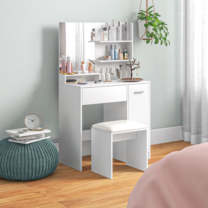 Homcom Dressing Table With Mirror And Stool, Vanity Table, Modern Makeup Desk With Drawer, Storage Cabinet And Adjustable Shelf, White