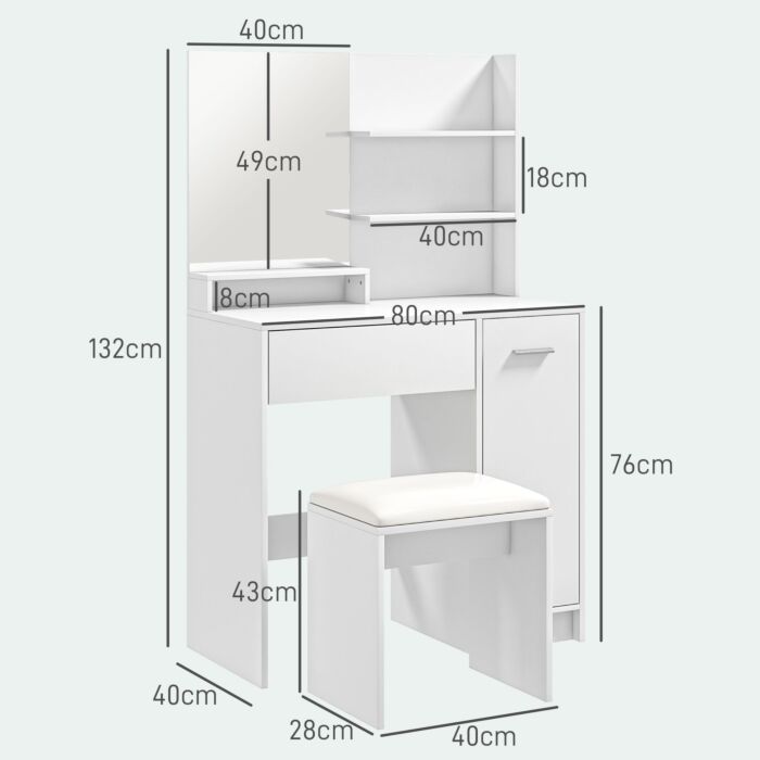 Homcom Dressing Table With Mirror And Stool, Vanity Table, Modern Makeup Desk With Drawer, Storage Cabinet And Adjustable Shelf, White