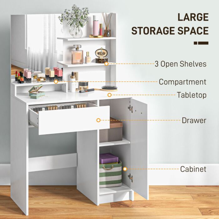Homcom Dressing Table With Mirror And Stool, Vanity Table, Modern Makeup Desk With Drawer, Storage Cabinet And Adjustable Shelf, White