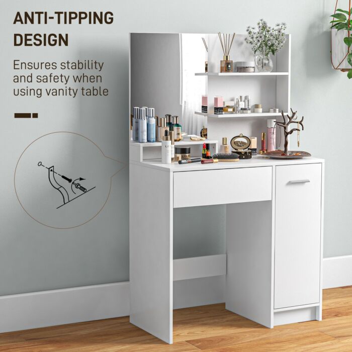 Homcom Dressing Table With Mirror And Stool, Vanity Table, Modern Makeup Desk With Drawer, Storage Cabinet And Adjustable Shelf, White